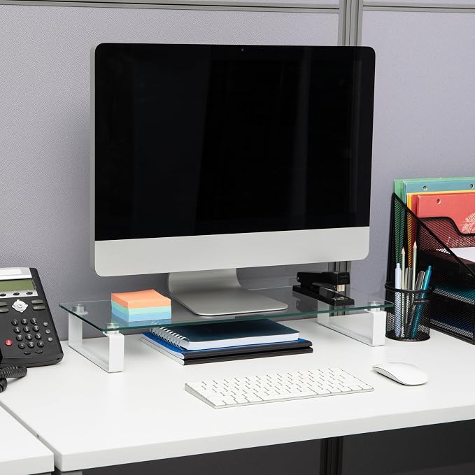 Mind Reader Monitor Stand, Contemporary, Desktop Organizer, Laptop Riser, Office, Glass, Clear