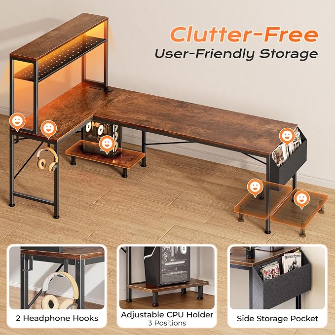 L Shaped Gaming Desk with LED Lights & Power Outlets | Reversible Computer Desk with Storage Shelves & Bag, Large Corner Home Office Desk for Work from Home, Rustic Brown
