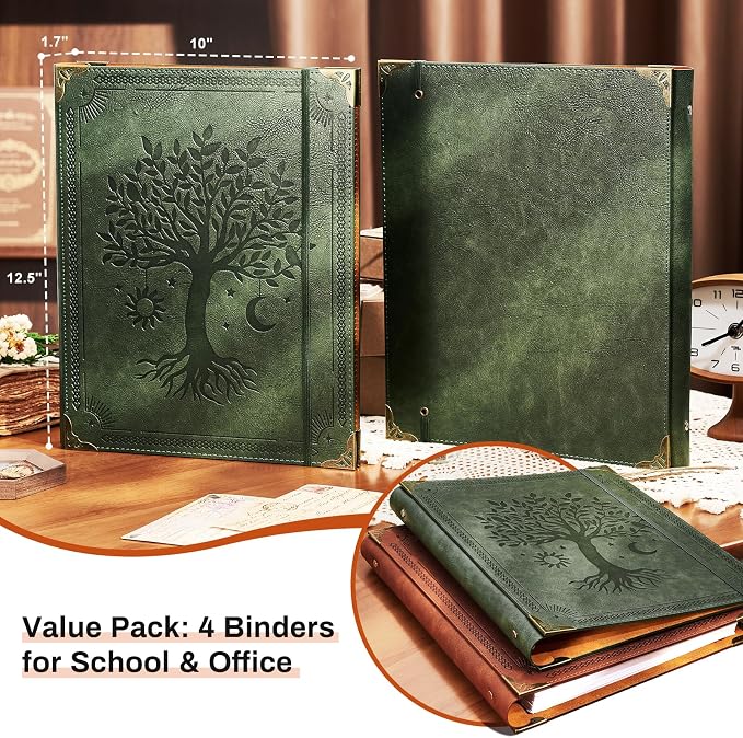 OVESMUSL 4 Pack PU Leather 3 Ring Binder, 1 Inch Green Brown | Fits 8.5x11 letter paper, holds 200 sheets, loose leaf organizer