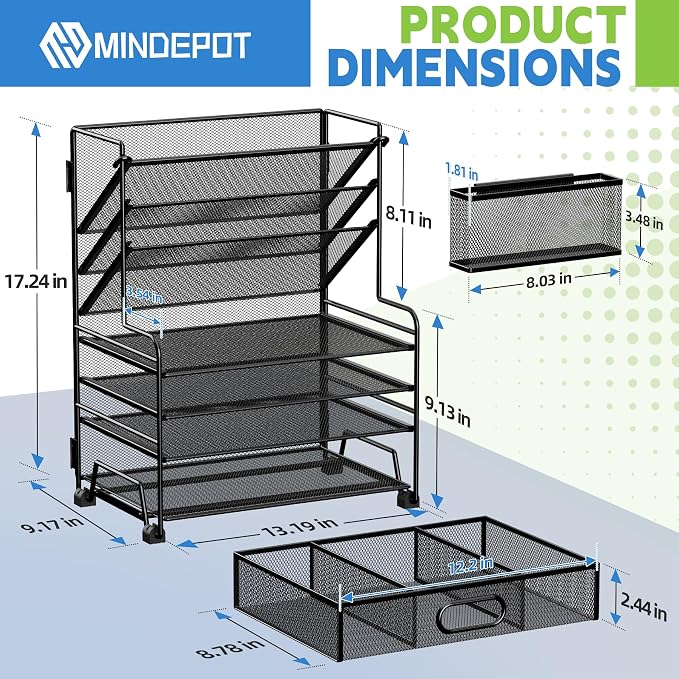 MINDEPOT 4-Tier Paper Organizer + 3-Pocket File Holder + Drawer + Pen Holders, Desktop File Organizers Paper Tray for Office Supplies School Classroom Organization (White, with Drawer & Pen Holder)