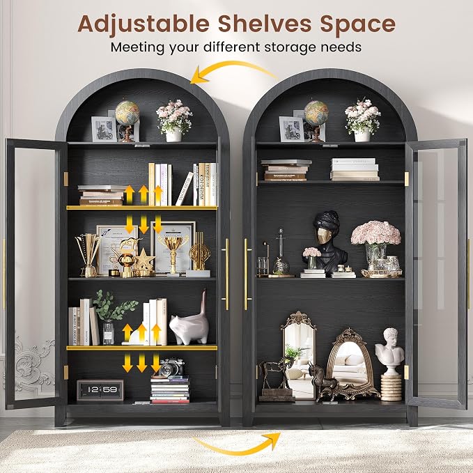 Vlsrka 71" Arched Kitchen Pantry Storage Cabinet with Glass Doors | 5-Tier Display Cabinets for Collectibles, Tall Bookcase with LED Light & Motion Sensor, Curio Cabinet with Adjustable Shelf