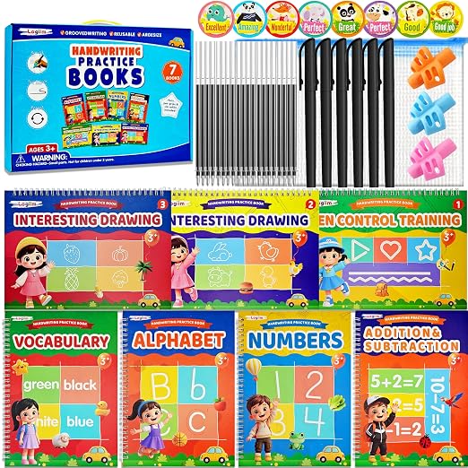 7 Magic Grooved Writing Books, Large Reusable 3D Grooved Writing Practice