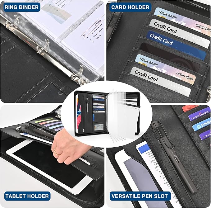 3-Ring Padfolio Portfolio Binder Organizer,PU Leather Folder Binder Business Planner Notebook Zippered Portfolio for Women/Men with Document Sleeve,Letter/A4 Size Clipboard