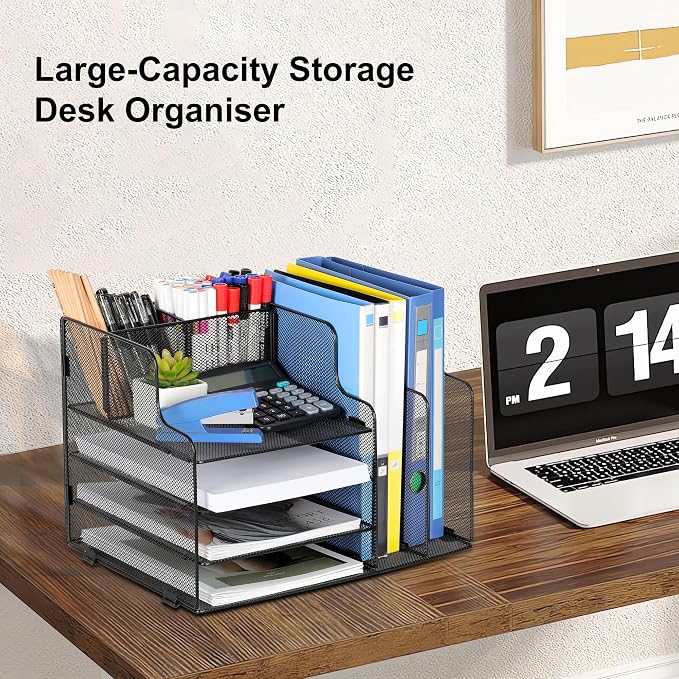4-Tier Desk Organizer and Accessories with 2 File Holder Storage, Metal File Organizer for Desk with 2 Pen Holder, Office Organization for Paper, Document, Stationery Storage, Black