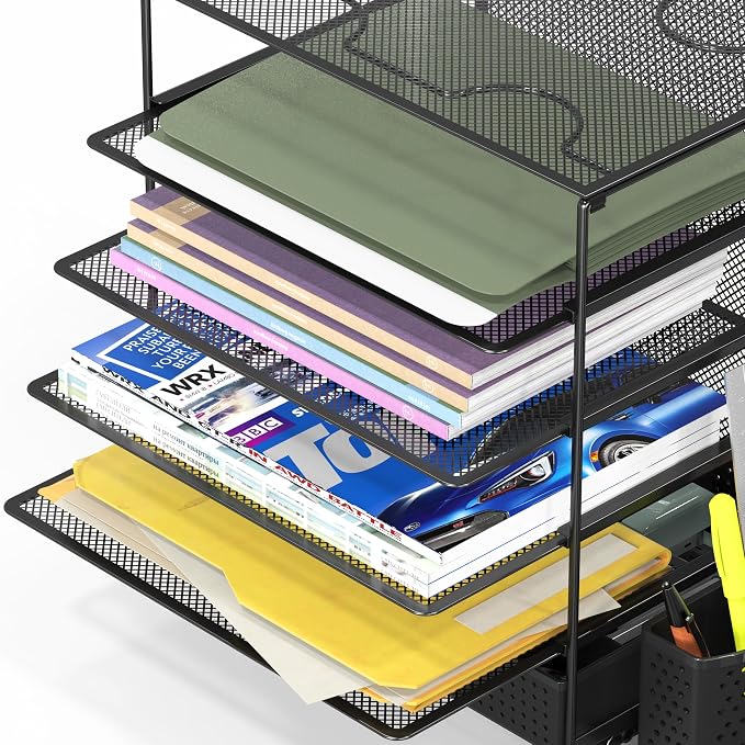 Simple Houseware 5-Tier Desk File Organizer w/Drawer & Pen Holder, Black | Desktop Tray Organizer for A4 Paper, Mail and Documents
