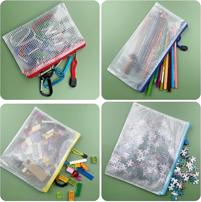 Oaimyy-18 Pcs,Plastic Mesh Zipper Pouch Document Folders Bag Zipper Zip File Folders for Office Supplies, Travel,Organizing Storage (6 Sizes, Multicolor)