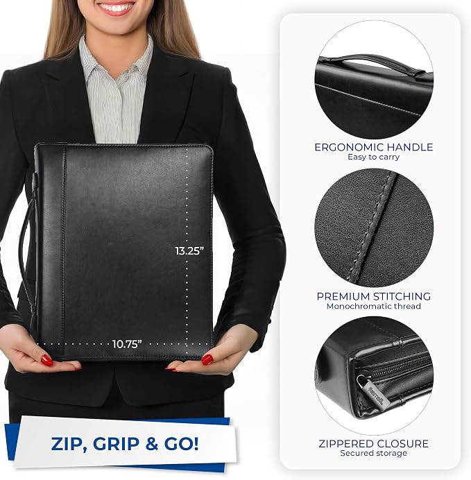 Samsill 15540 Regal Leather Padfolio Zipper 1 inch Ring Binder, Carry Handle, Interior 10.1 Inch Tablet Sleeve, Letter Size Writing Pad, Black
