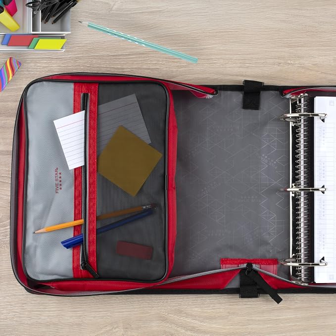 Five Star Zipper Binder, 3-Inch D-Ring Case Binder, 850-Sheet Capacity, Multiple Pockets, Front 5-Tab Expanding File, Removable Padded Case and Shoulder Strap, Crimson Fade (292960K)