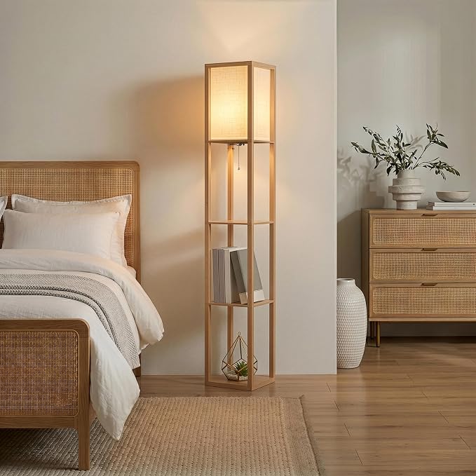Brightech Maxwell - Modern Shelf Floor Lamp with Lamp Shade & Warm White LED Bulb, Corner Display Floor Lamp with Shelves for Living Room, Bedroom, Nightstand Office, Home Decor Storage - Natural Wood