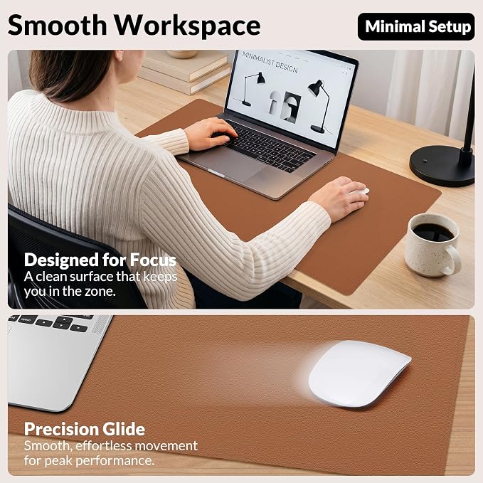 AFIING Leather Desk Mat, Brown, 23.6" x 13.8", Desk Pad Protector | Dual-Sided & PU Leather, Waterproof, Non-Slip for Mouse Pad, Writing, Home Office& Laptop