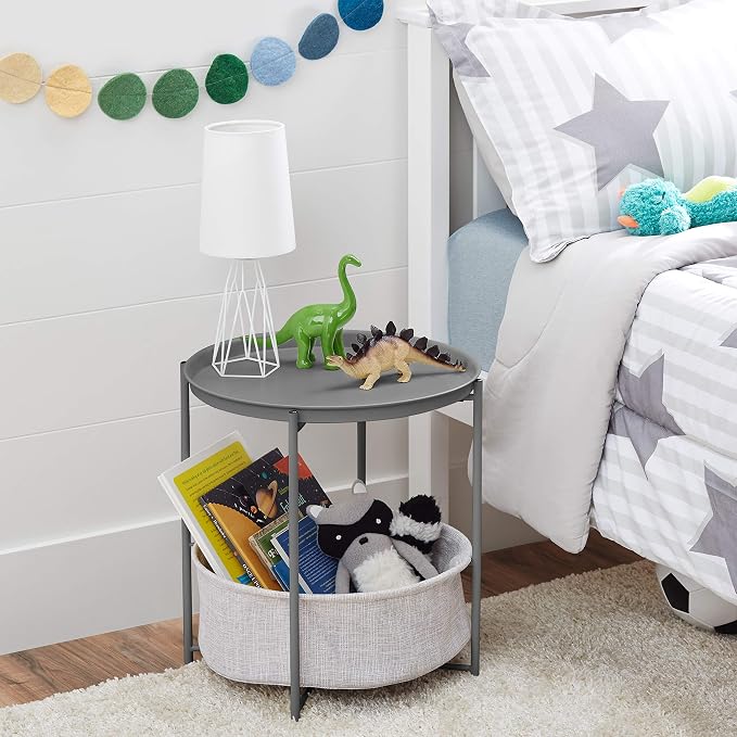 Amazon Basics Round Storage End Table, Nightstand for Bedroom or Living Room, Easy Assembly, with Cloth Basket, Charcoal/Heather Gray, 17.7 x 17.7 x 18.9 in | Side Table