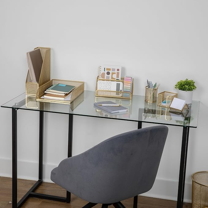 Martha Stewart Ryder 6-Piece Mesh Metal Desktop Organizer Set, Gold | Steel Mesh, Gold Finish