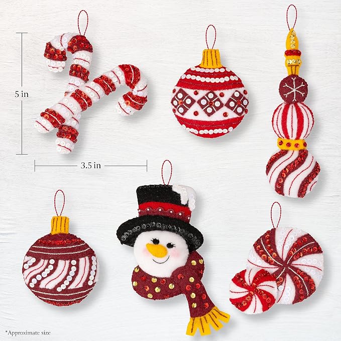Bucilla Felt Applique 6 Piece Ornament Making Kit, Snowman's Peppermint Collection, Perfect for DIY Arts and Crafts, 89659E