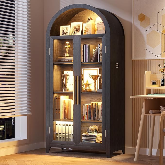 Vlsrka 71" Arched Kitchen Pantry Storage Cabinet with Glass Doors | 5-Tier Display Cabinets for Collectibles, Tall Bookcase with LED Light & Motion Sensor, Curio Cabinet with Adjustable Shelf
