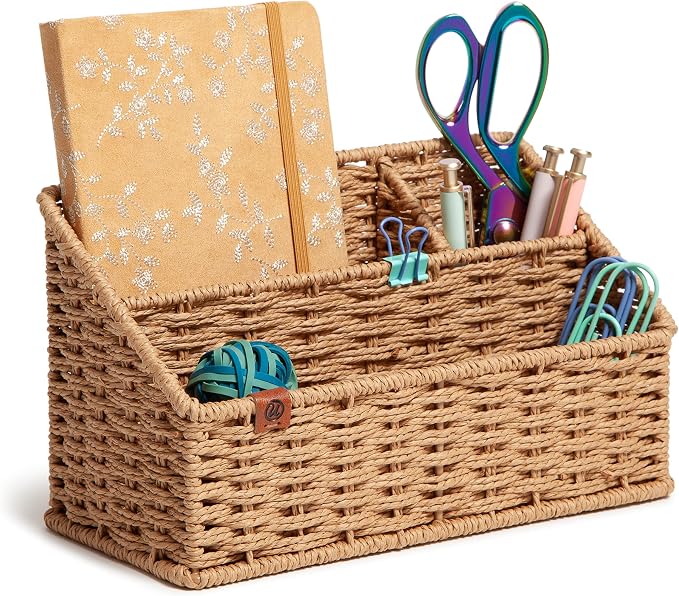U Brands Woven All-in-1 Desk Organizer, Rattan, 1 Count, for Home Office