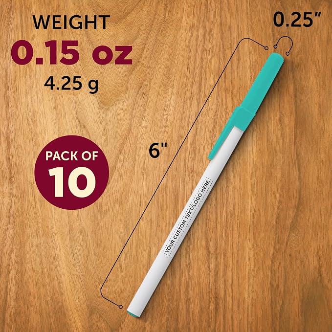 DISCOUNT PROMOS Custom Value Stick Pens Set of 10, Personalized Bulk Pack - Black Ink, Great for Office, School, Business, Tradeshows, Events - Teal