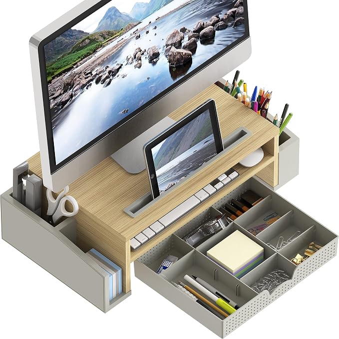 Simple Houseware Desk Monitor Stand Riser w/ Adjustable Tray, Oak | Built-In Tablet Slot and Side Storage