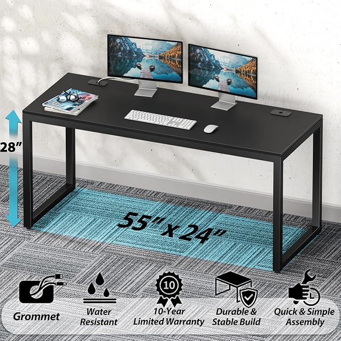 SHW 55-Inch Commercial-Grade Office Computer Desk, Black | 10-Year Limited Warranty