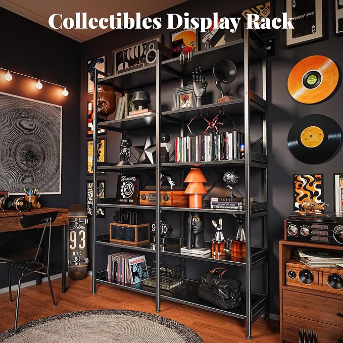 Huuger 6 Tier Bookshelf, Display Bookshelf with 12 Open Shelves and Raised Baffle, 47.2 Inch Straight Wide Bookcase with Metal Frame and Wooden Board, Adjustable Feet, Black, 1BC010B