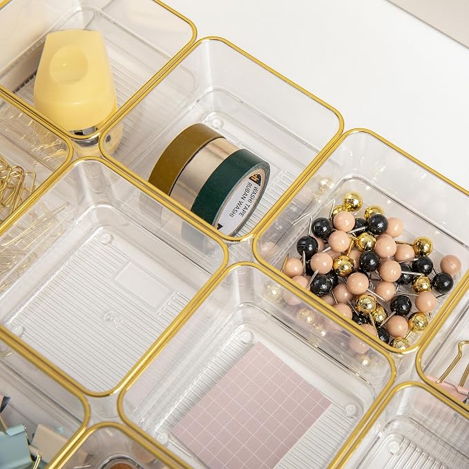 Martha Stewart Kerry Stackable Desk Drawer Organizers, Clear/Gold, 12-Pack | 3x3 in Organizers, Gold Trim, Stackable