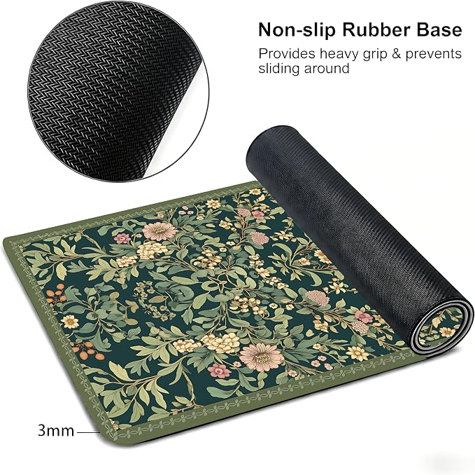 Cute Floral Aesthetic Dahlia Gaming Mouse Pad, Dark Green Rug Desk Mat with Anti-Slip Base & Stitched Edges, Office & Home Desk Decor for Women, 35.4" x 15.7" in Computer Desktop Mat