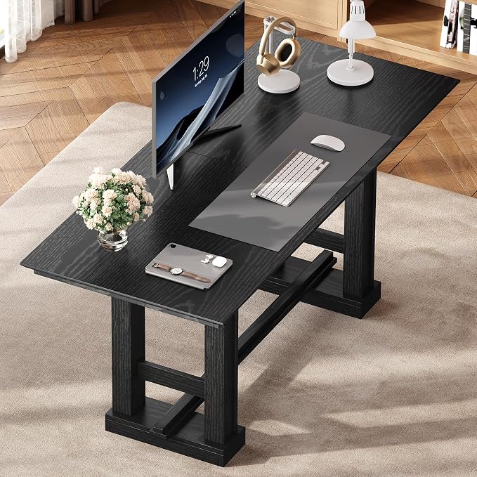 DWVO 70" Computer Desk, Farmhouse Executive Office Workstation, Black | Large desktop surface, sturdy wooden legs, modern farmhouse design, for home office writing work, easy assembly