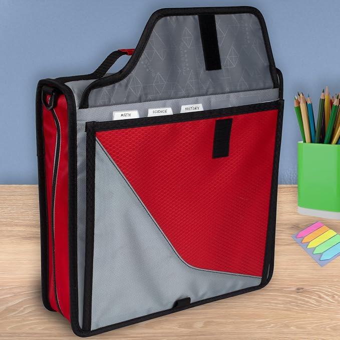 Five Star Zipper Binder, 3-Inch D-Ring Case Binder, 850-Sheet Capacity, Multiple Pockets, Front 5-Tab Expanding File, Removable Padded Case and Shoulder Strap, Crimson Fade (292960K)