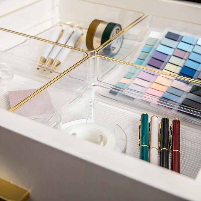 Martha Stewart Kerry Stackable Desk Drawer Organizers, Clear/Gold, 4-Pack | 6x6 in Organizers, Gold Trim, Stackable
