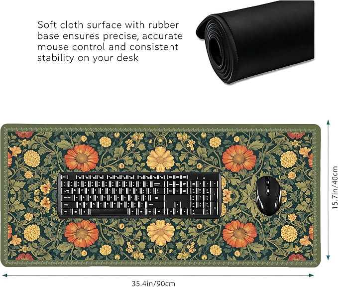 Cute Floral Aesthetic Daisy Gaming Mouse Pad, Dark Green Rug Desk Mat with Anti-Slip Base & Stitched Edges,35.4" x 15.7" in Desk Accessories for Women, Home Office Decor & Artistic Gift