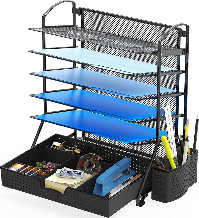 Simple Houseware 6-Tier Desk File Organizer w/Drawer & Pen Holder, Black | 5 Tilted Letter Trays for A4 Paper, Mail and Documents