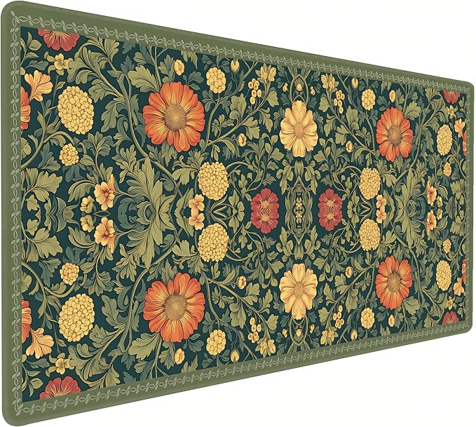 Cute Floral Aesthetic Daisy Gaming Mouse Pad, Dark Green Rug Desk Mat with Anti-Slip Base & Stitched Edges,35.4" x 15.7" in Desk Accessories for Women, Home Office Decor & Artistic Gift