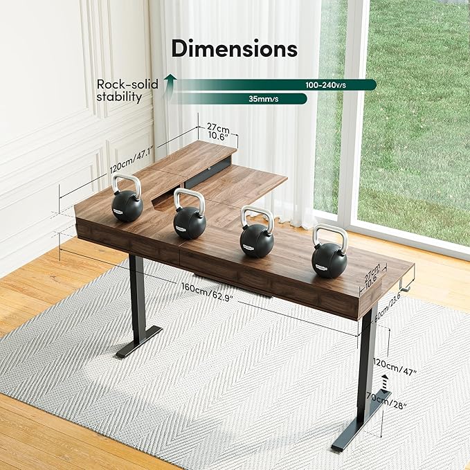 CubiCubi 63x48 Inches L Shaped Standing Desk with 3 Drawers and Monitor Shelf, Height Adjustable Corner Computer Desk with Hooks, Sit Stand Up Ergonomic Home Office Workstation Table, Deep Walnut