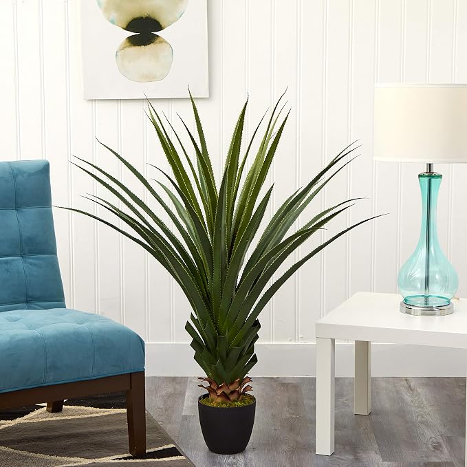 Nearly Natural 4 ft Artificial Spiked Agave Plant with Nursery Pot | Faux Succulent Greenery, Lifelike Spiky Leaves, Desert Inspired Indoor Decor