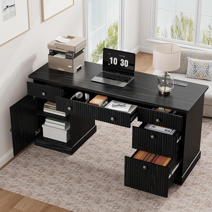 Garvee 60" Office Desk with Storage & Drawers for Home Office, Black | Fluted Wood Executive Desk with File Drawers & Charging Station, Modern Computer Desk with Adjustable Shelves