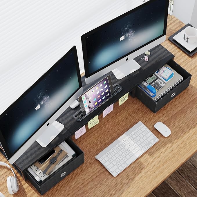 39 Inch Dual Monitor Stand Riser with 2 Drawers - Large Black Wooden Computer Stand for 2 Monitors, Ergonomic Desk Organizer with Phone Holder, Desktop Storage for Laptop, Office Supplies, Home Office