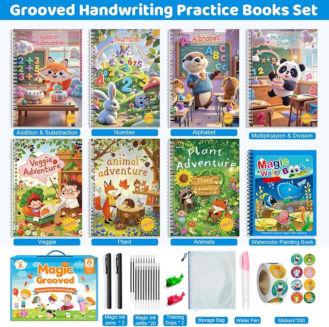 Magic Grooved Writing Practice Books for Kid, 8-in-1 Handwriting Kit