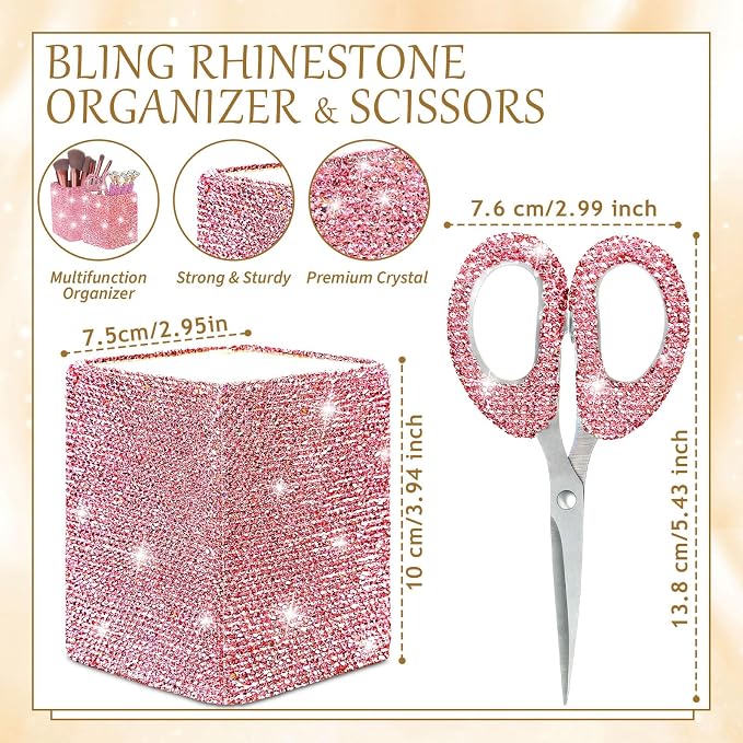 Qilery 8 Pcs Bling Desk Accessories Gift with 1 Bling Pen Holder 6 Pcs Crystal Rhinestone Pens 1 Crystal Scissors Glitter Makeup Brush Holder Valentines Gift Vanity Decor Organizer(Pink)
