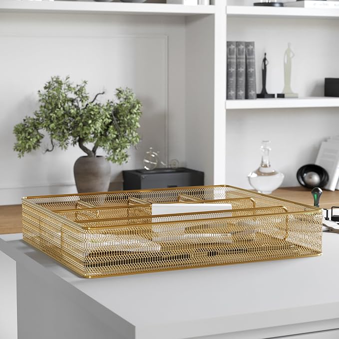 Martha Stewart Ryder Mesh Metal 6-Compartment Drawer Organizer, Gold | Steel Mesh, Gold Finish