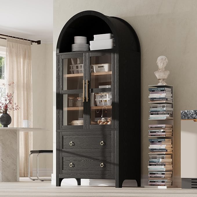 71" Arched Storage Cabinets with Glass Doors, Farmhouse Kitchen Pantry Cabinet with 2 Large Drawers, Tall Bookcase with Adjustable Shelves, Curio Cabinet, Display Cabinet (Black)