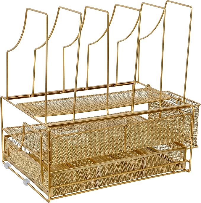Martha Stewart Ryder Mesh Metal Desktop Organizer with Drawer, Gold | Steel Mesh, Gold Finish