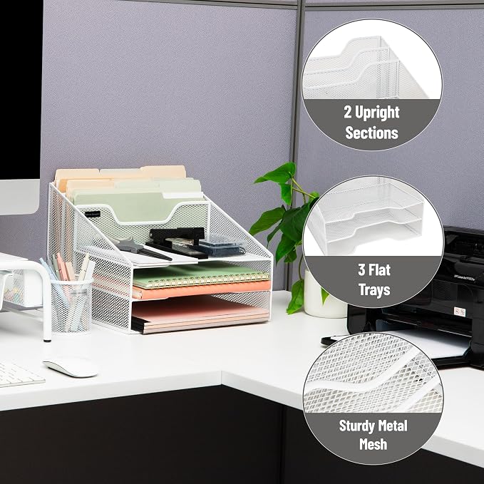 Mind Reader Metal Mesh Desktop File Organizer, 3-Tier Paper Tray with 5 Compartments, Office Mail Sorter, White