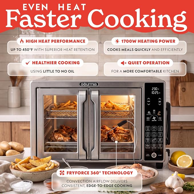 Gourmia French Door Air Fryer Toaster Oven - 6 Slice Capacity, Temperature Probe, 18 Cooking Presets, FryForce, Digital Display, 3 Rack Positions, Dishwasher-Safe Accessories, Stainless Steel