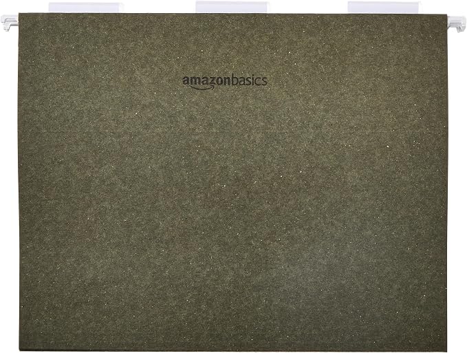 Amazon Basics Hanging File Folders for Documents, Letter Size, 1/5-Cut Adjustable Tabs, Standard Green, 75 Count per Box
