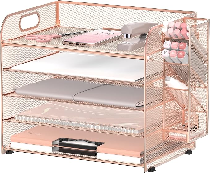 5-Tier Paper Organizer for Desk with Pen Holders, Letter Trays, Rose Gold | Metal Mesh Desktop File Organizer with Removable Trays and 2 Handles for Paper, Files, Mail, Folders in Office Home or School