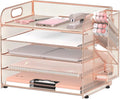 5-Tier Paper Organizer for Desk with Pen Holders, Letter Trays, Rose Gold | Metal Mesh Desktop File Organizer with Removable Trays and 2 Handles for Paper, Files, Mail, Folders in Office Home or School