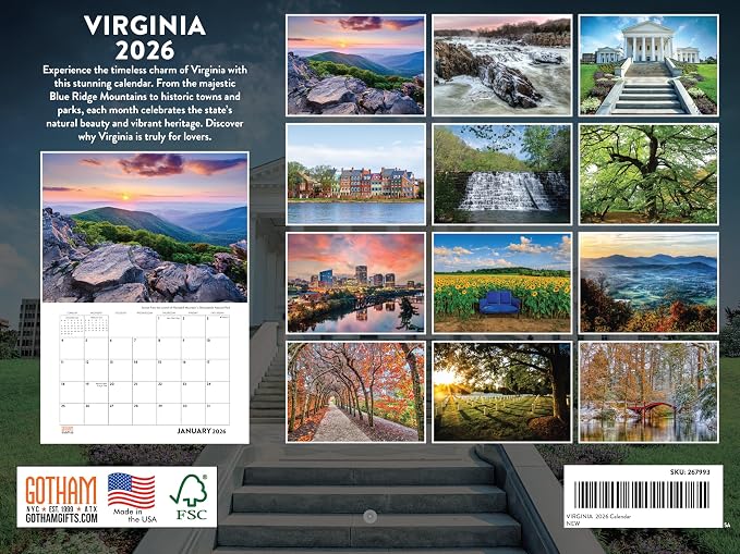 Virginia Calendar 2026 Wall 12 Month Monthly VA Scenic Souvenirs Virginian Themed Gifts | American Made In The USA
