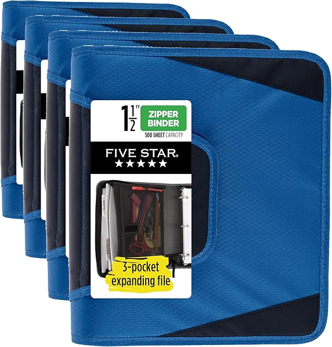Five Star Zipper Binder,1-1/2 Inch 3-Ring Binder with Round Rings,3-Pocket Expanding File,500 Sheet Capacity,Blue (72202),(Pack of 4)