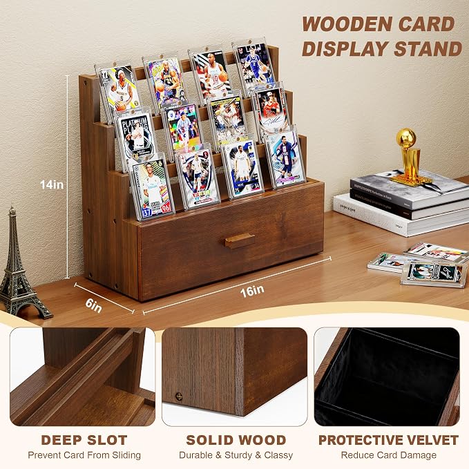 Emfogo Trading Card Display, 3-Tier Card Display Case with Custom Drawer, Wood Graded Card Display with Supporters and Dividers, Sports Card Display Case for Collection (Walnut)
