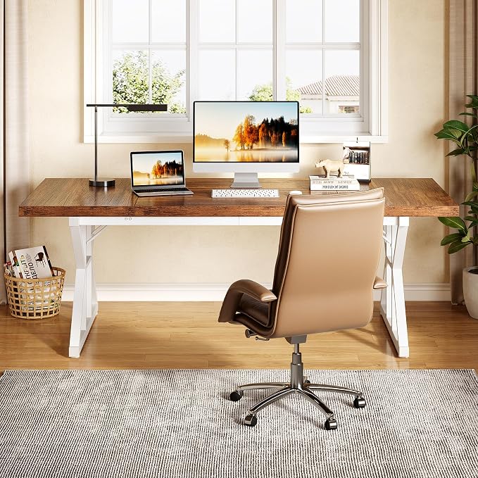 LITTLE TREE 70.8-Inch Large Executive Desk, Modern Computer Office Desk, Wooden Writing Desk Study Table for Home Office