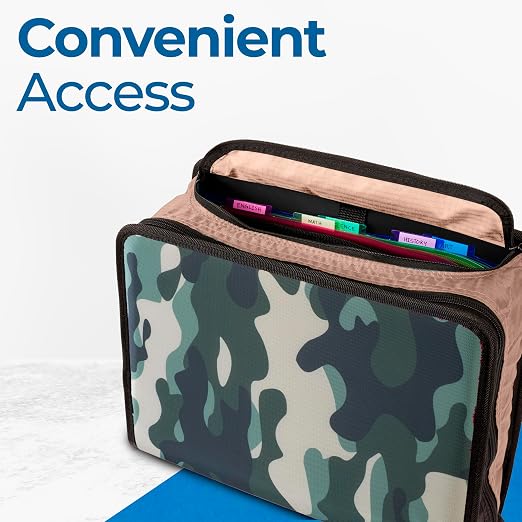 Case-it School Zipper Binder | 3-Inch O-Rings | 600-Sheet | D-146 OG Camo | Mighty Zip Tab, 5-Subject Expanding File Folder, Multiple Pockets, Storage Organizer, Shoulder Strap, Office